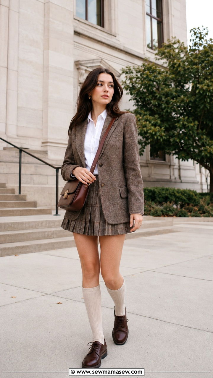 Tweed Blazer With White Shirt And Pleated Mini Skirt - 30 light academia outfits inspo