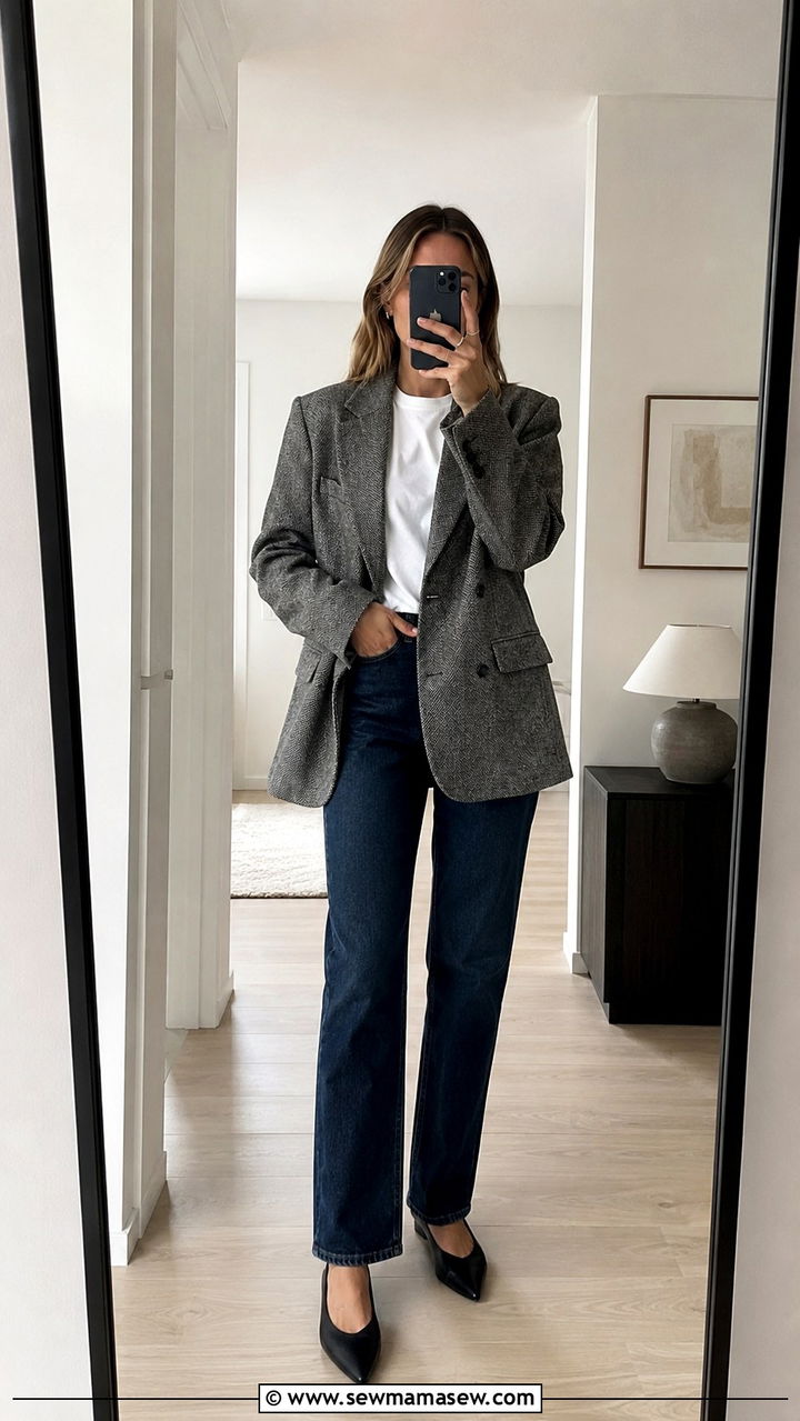 Tweed Blazer With White Tee And Straight Denim - 30 casual scandinavian outfits