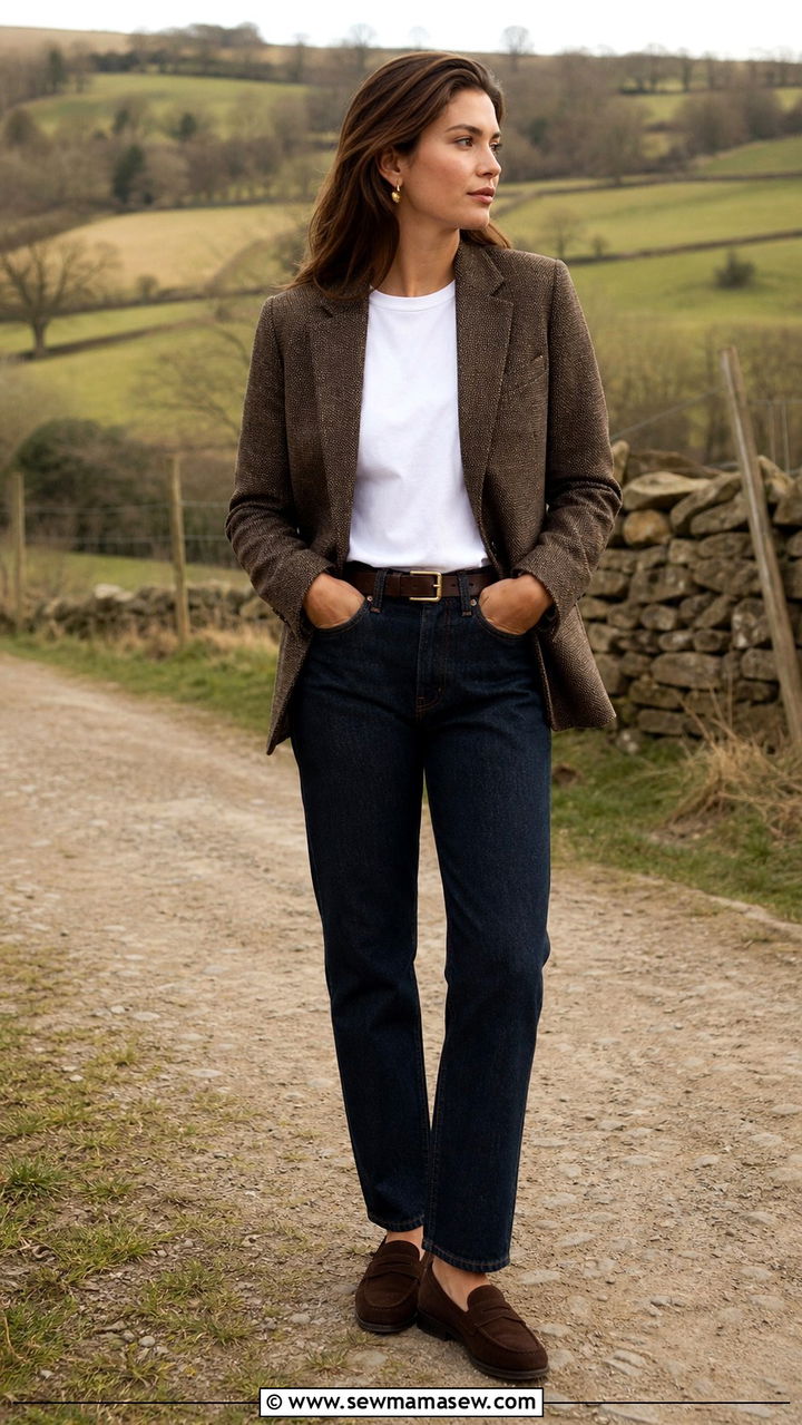 Tweed Blazer With White Tee And Straight Leg Jeans - 40 old money outfits