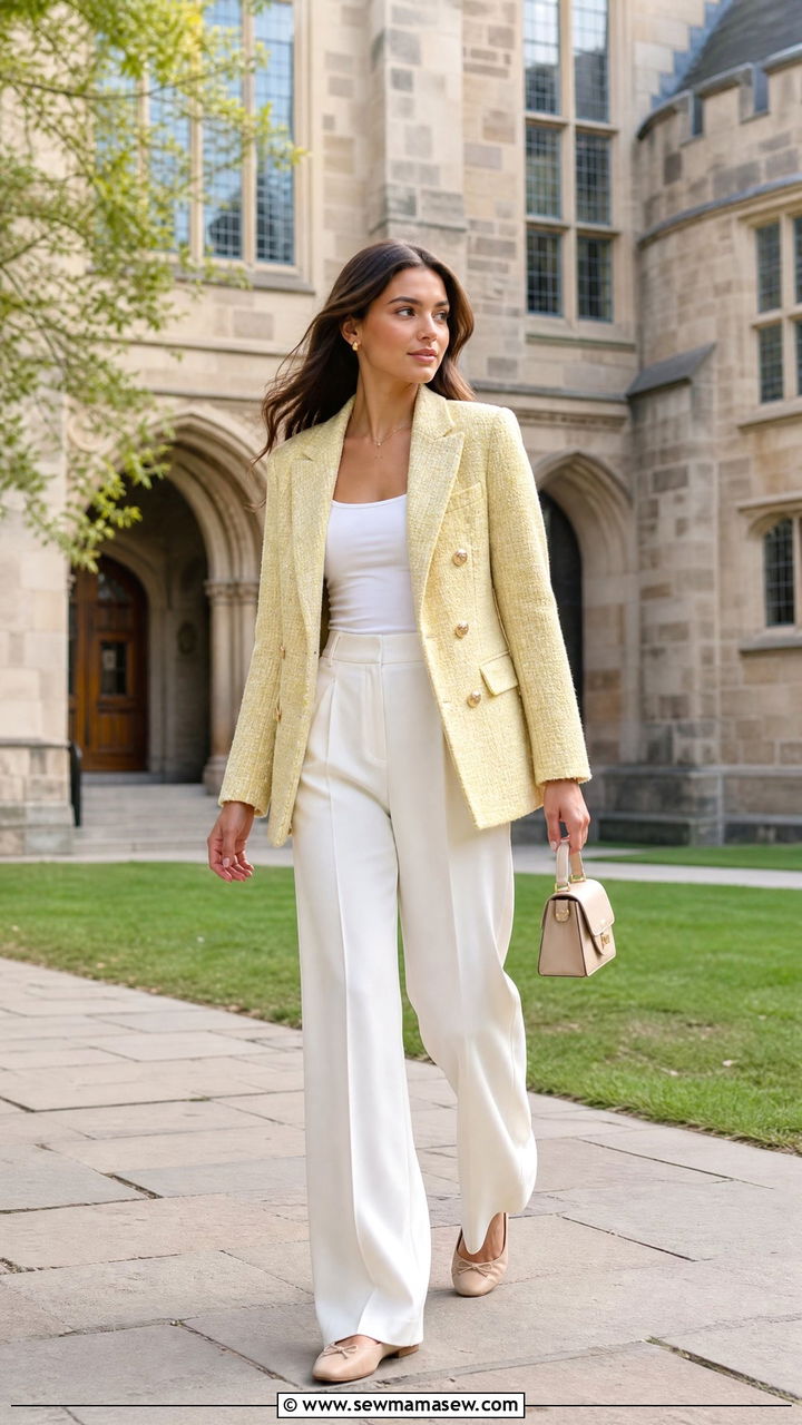 Tweed Blazer With White Trousers Outfit - 30 College outfit ideas trendy 2026