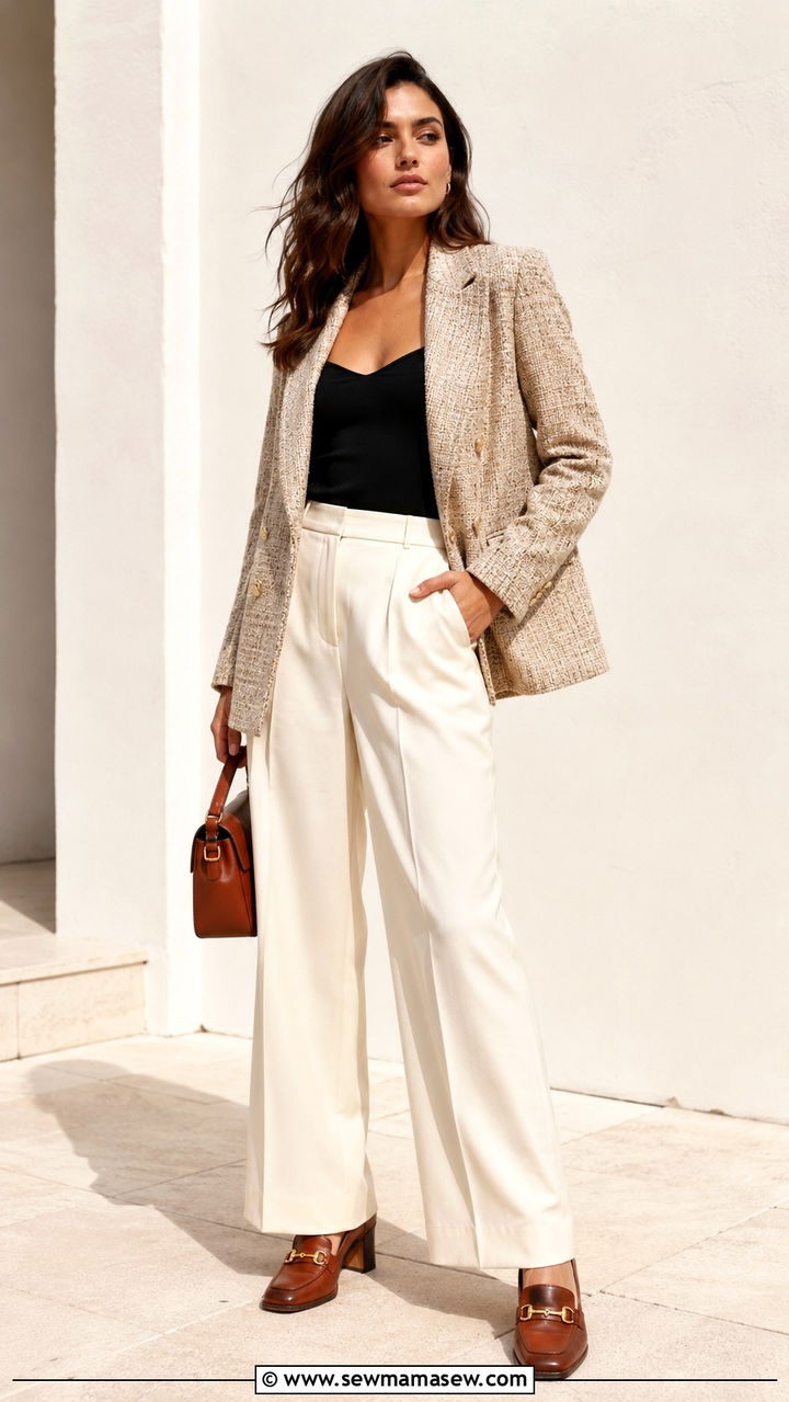 Tweed Blazer With Wide Leg Trousers and Loafers - 20 Tweed blazer outfit ideas with loafers