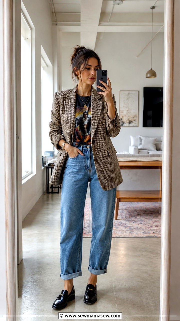 Tweed Blazer With a Graphic Tee and Loafers - 20 Tweed blazer outfit ideas with loafers