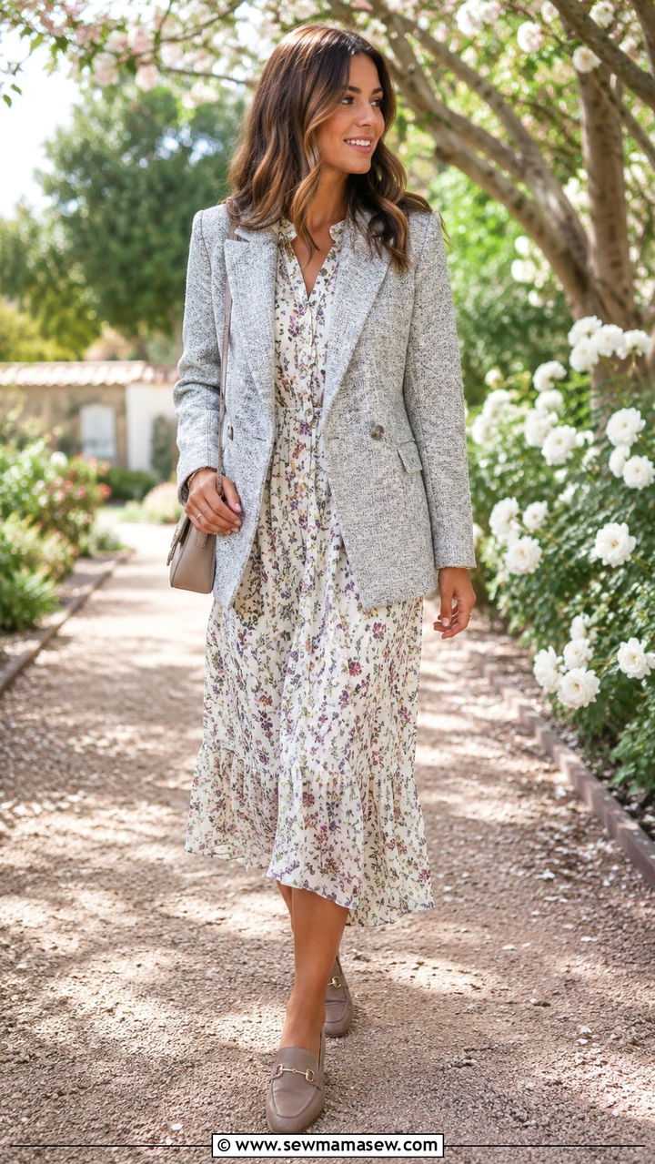 Tweed Blazer With a Midi Dress and Loafers - 20 Tweed blazer outfit ideas with loafers