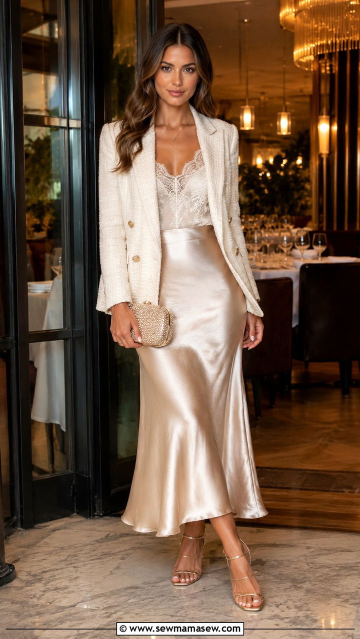 Tweed Blazer With a Satin Slip Skirt and Strappy Heels - 25 Tweed blazer outfit ideas with heels