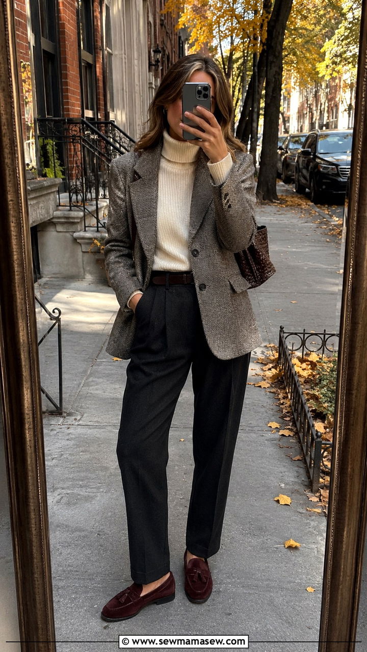 Tweed Blazer With a Turtleneck and Loafers - 20 Tweed blazer outfit ideas with loafers