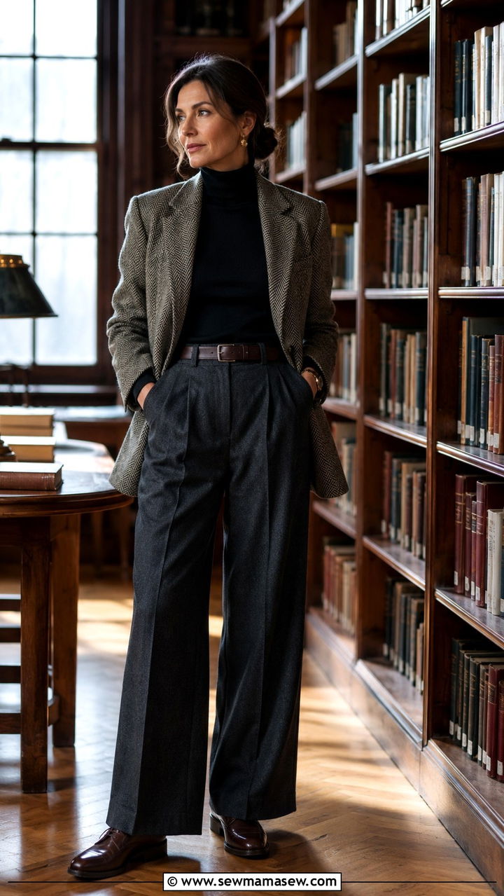 Tweed Blazer and Black Turtleneck with Wide Leg Wool Trousers - 20 dark academia outfit ideas for women over 40