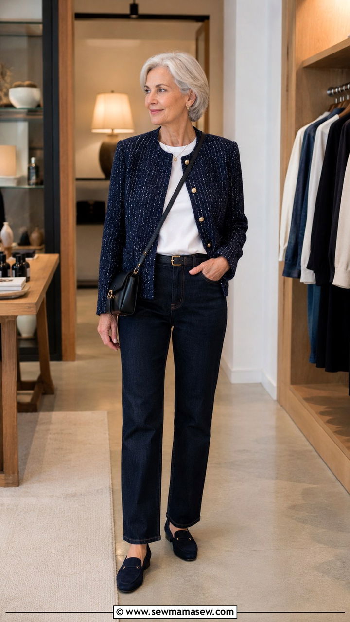 Tweed Blazer and Dark Jeans Outfit - 30 Parisian outfits for women over 60