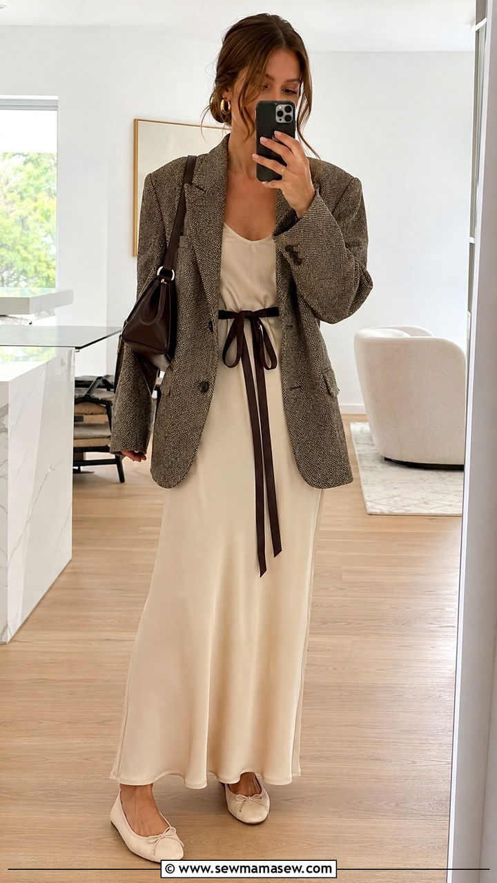 Tweed Blazer and Flowing Slip Dress - 20 Poetcore outfit ideas 2026