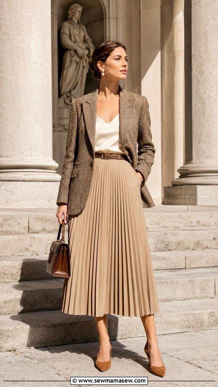 Tweed Blazer and Pleated Midi Skirt - 30 Old money capsule wardrobe