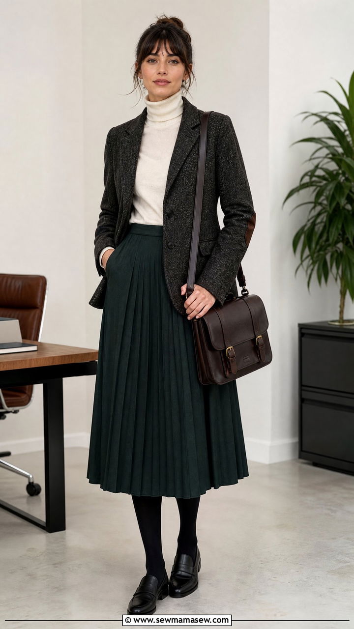 Tweed Blazer and Pleated Midi Skirt Work Outfit - 30 Dark academia work outfits