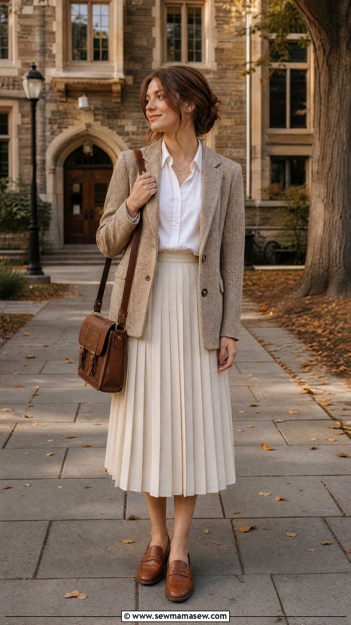 Tweed Blazer and Pleated Skirt Outfit - 25 classy light academia outfit ideas