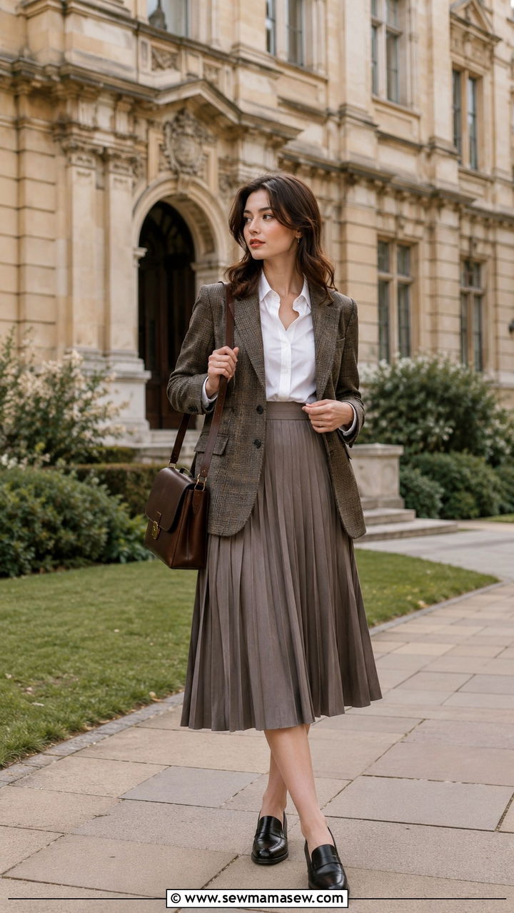 Tweed Blazer and Pleated Skirt Outfit - 30 Romantic academia outfit ideas