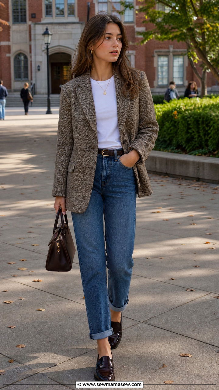 Tweed Blazer and Straight Leg Jeans - 25 Boarding school outfit ideas teens