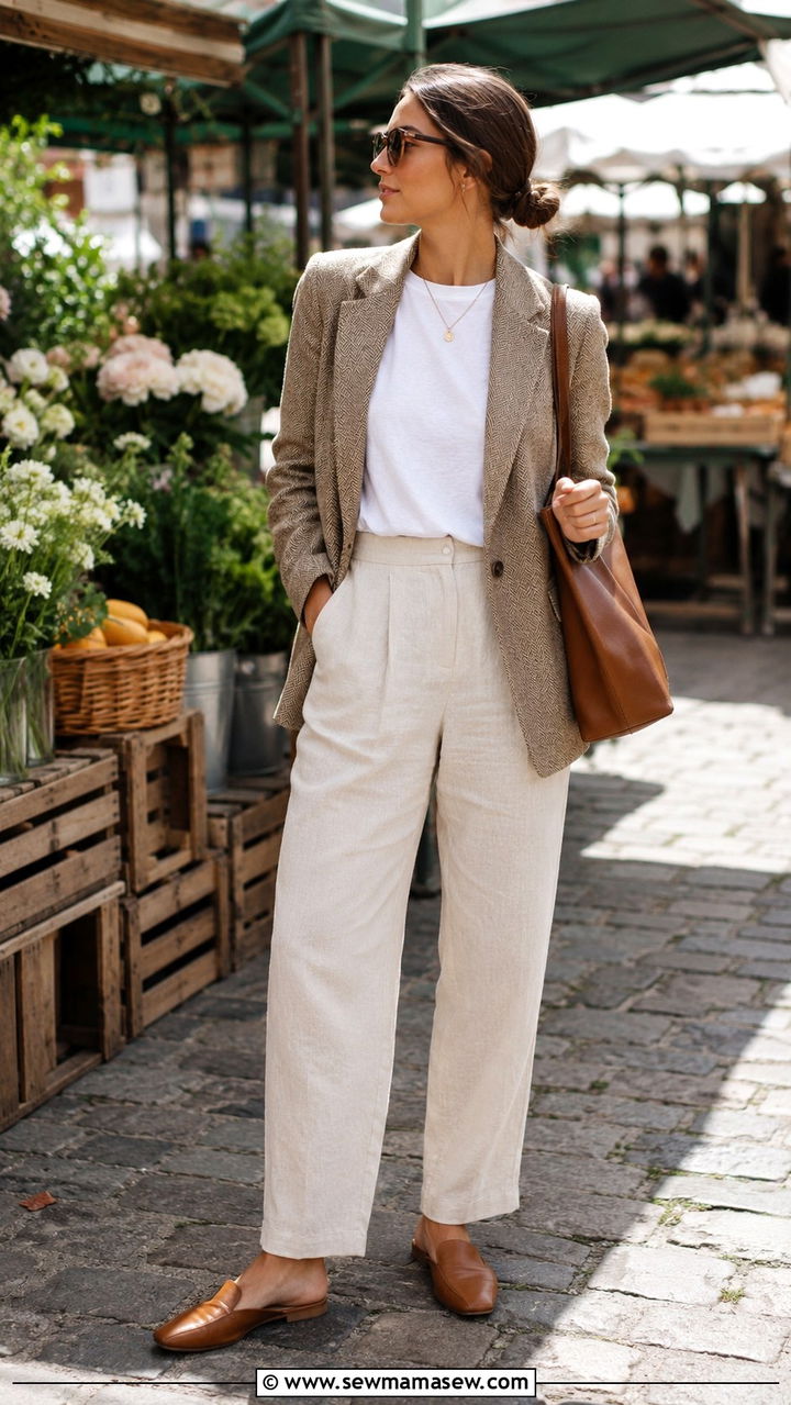 Tweed Blazer and White Tee with Linen Trousers - 30 old money capsule wardrobe outfits