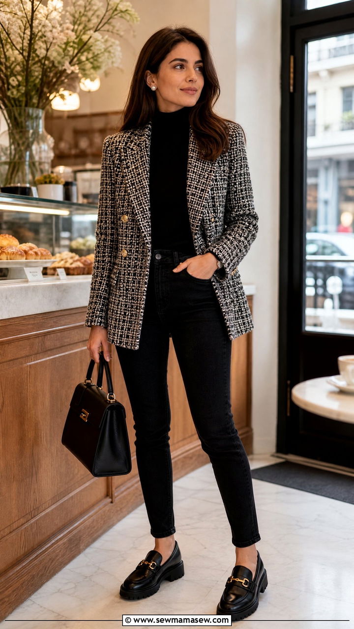 Tweed Blazer with Black Jeans and Loafers - 25 Black jeans outfit ideas with a blazer