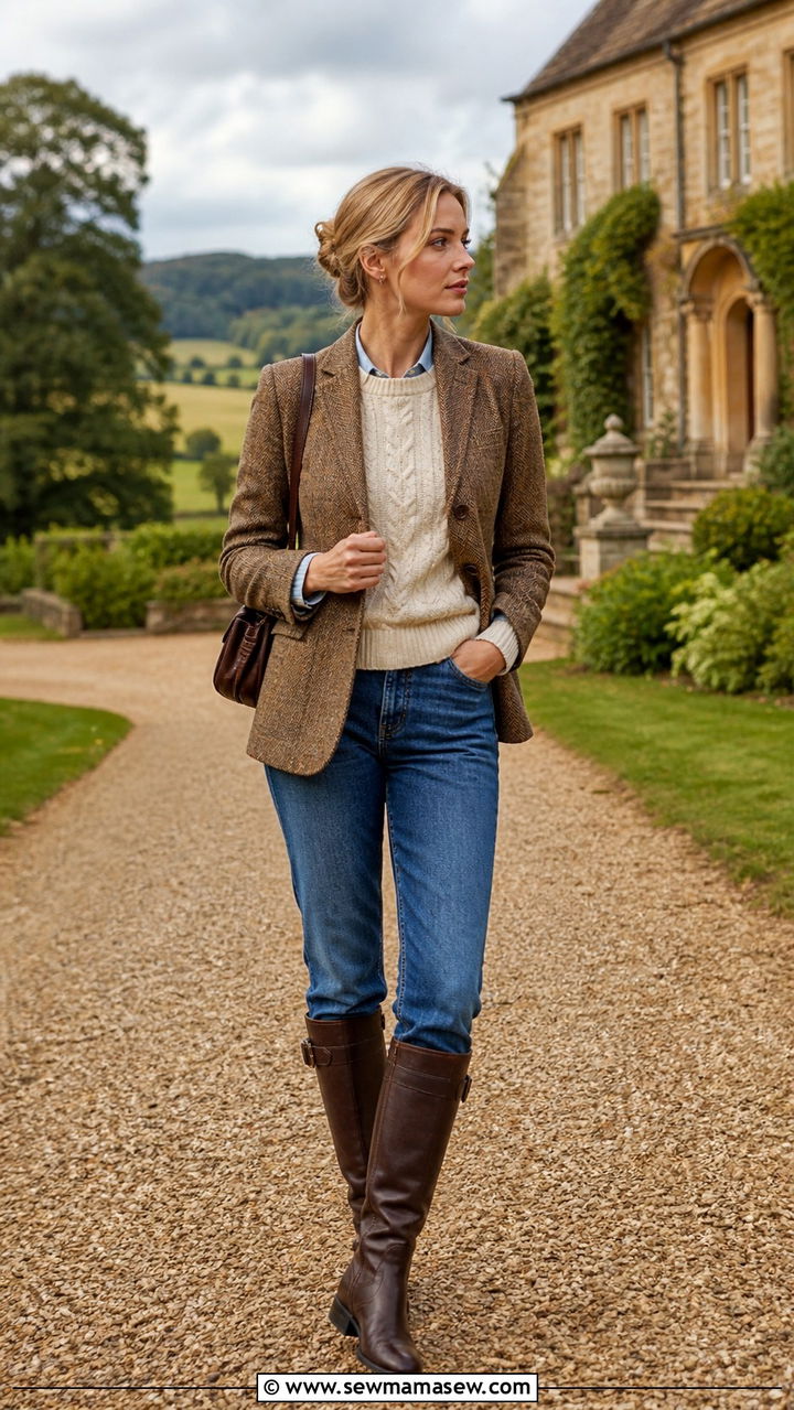 Tweed Blazer with Cable Knit Sweater and Riding Boots - 40 old money outfits ideas