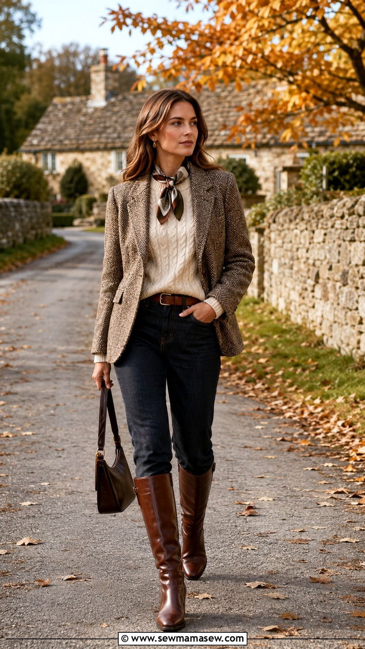 Tweed Blazer with Cream Cable Knit and Straight Leg Jeans - 30 old money outfits inspo