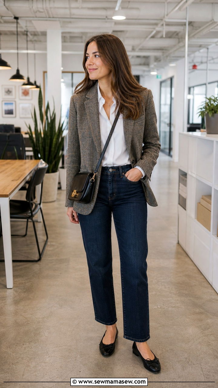 Tweed Blazer with Dark Denim and Ballet Flats - 20 Financial advisor outfit ideas
