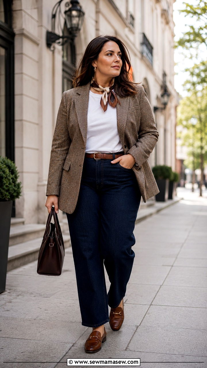 Tweed Blazer with Dark Denim and Loafers - 30 Old money outfits plus size