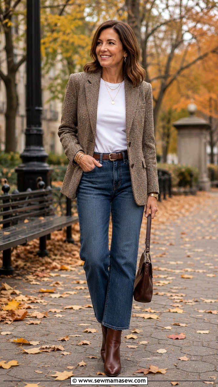 Tweed Blazer with High Waisted Jeans - 30 Modest outfit ideas for women over 40
