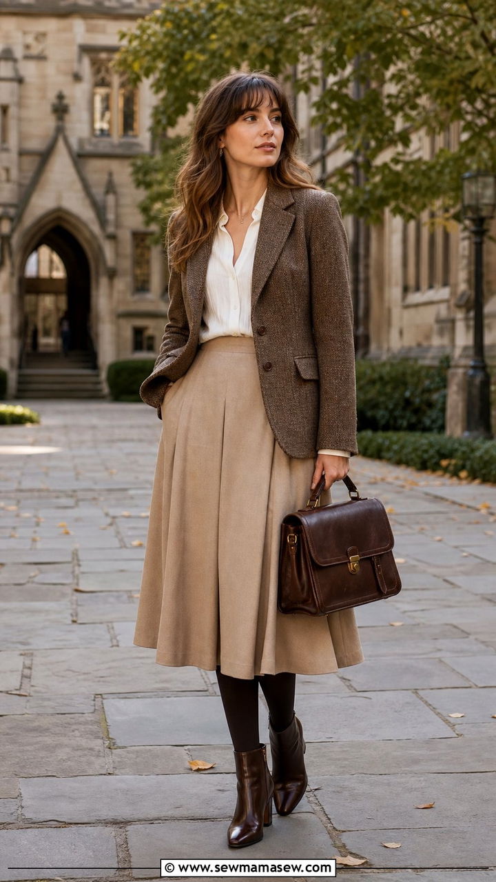 Tweed Blazer with Midi Skirt and Tights - 25 cute light academia outfits
