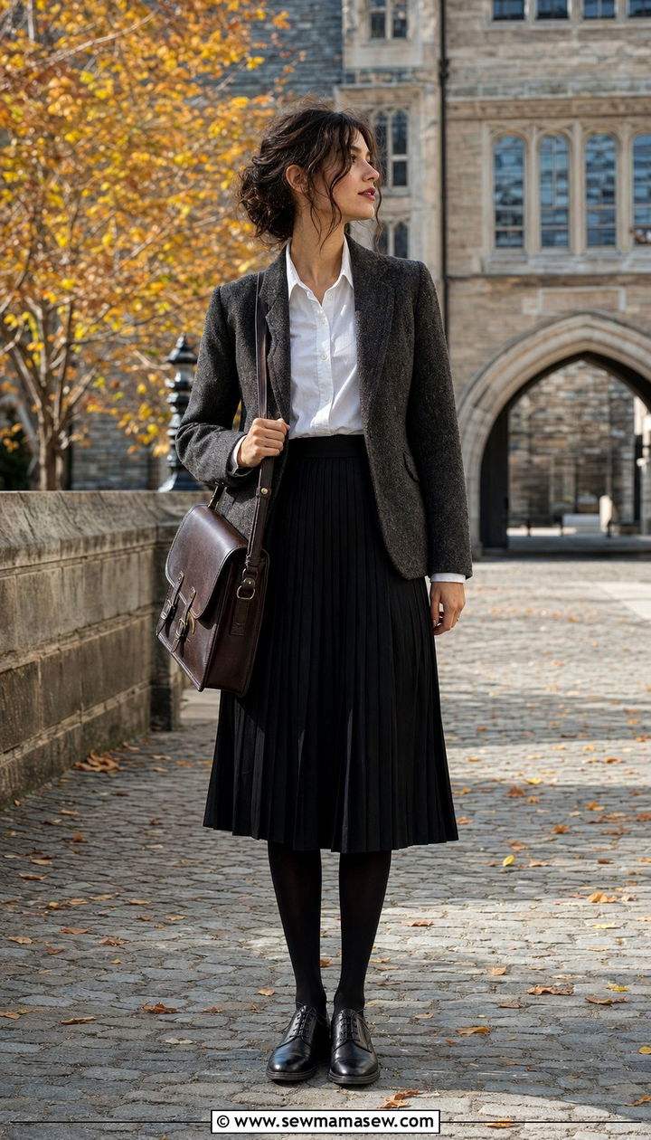 Tweed Blazer with Pleated Skirt and Oxford Shoes - 25 cute dark academia outfits