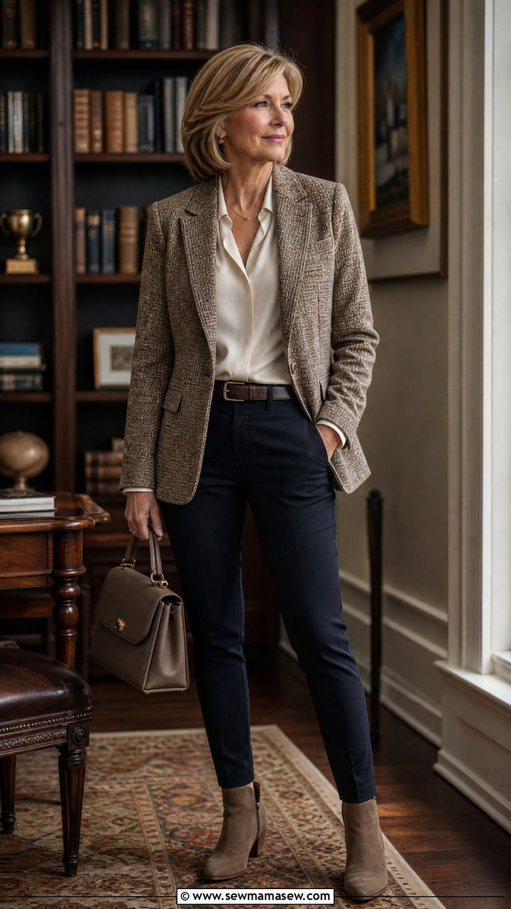 Tweed Blazer with Silk Blouse and Dark Trousers - 25 How to style a blazer over 50
