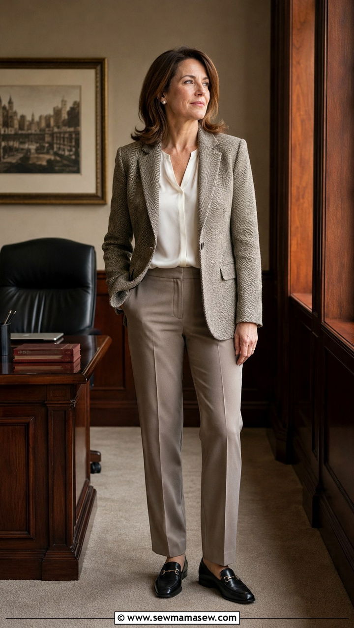 Tweed Blazer with Silk Shell and Straight Leg Trousers - 30 office outfits for women over 40