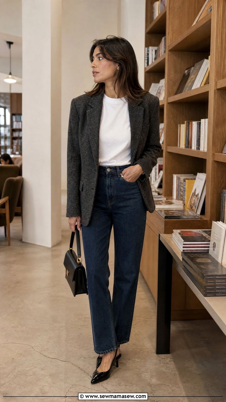Tweed Blazer with Straight Denim and Slingback Heels - 30 French girl outfit ideas minimalist