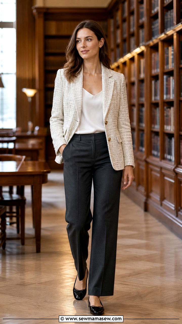 Tweed Blazer with Straight Leg Trousers and Flats - 40 Job interview outfit ideas