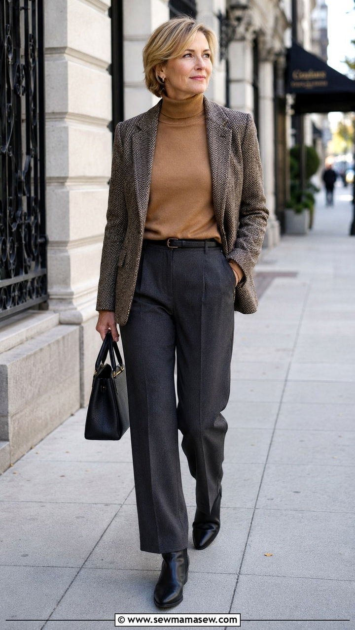Tweed Blazer with Tailored Trousers and Ankle Boots - 25 preppy outfit ideas for women over 40