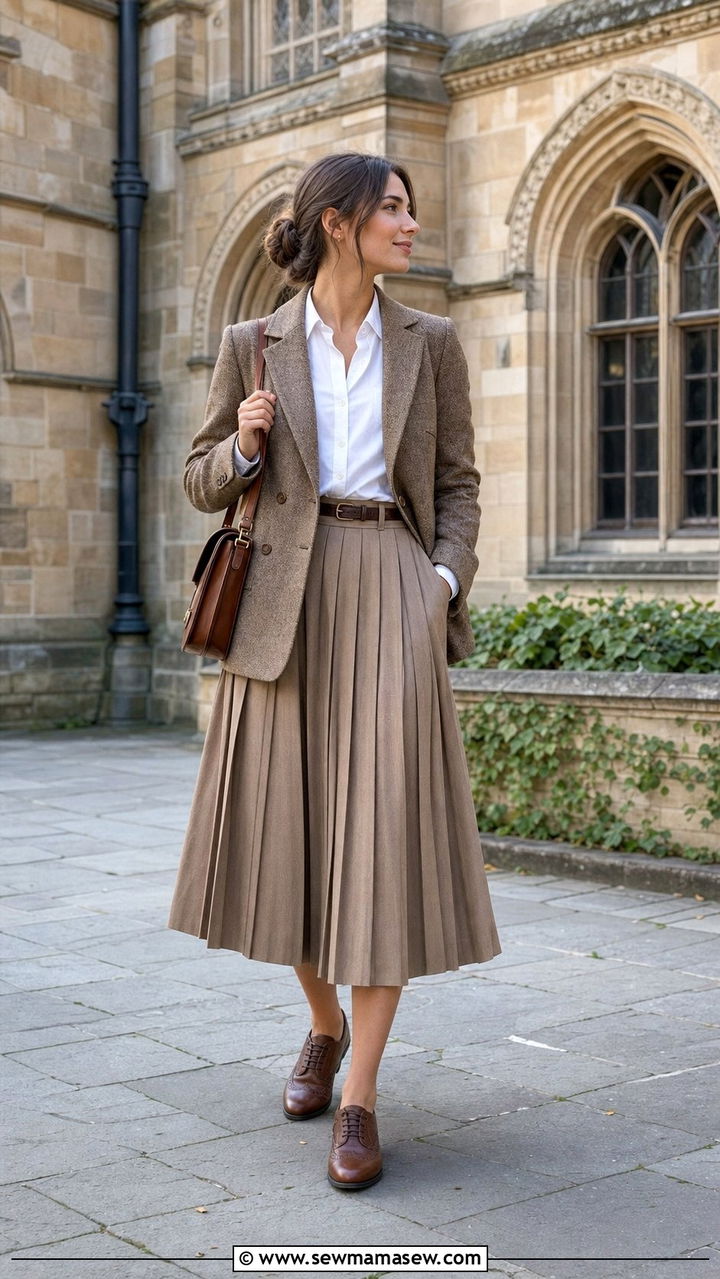 Tweed Blazer with White Button Down and Pleated Midi Skirt - 25 classy light academia outfits