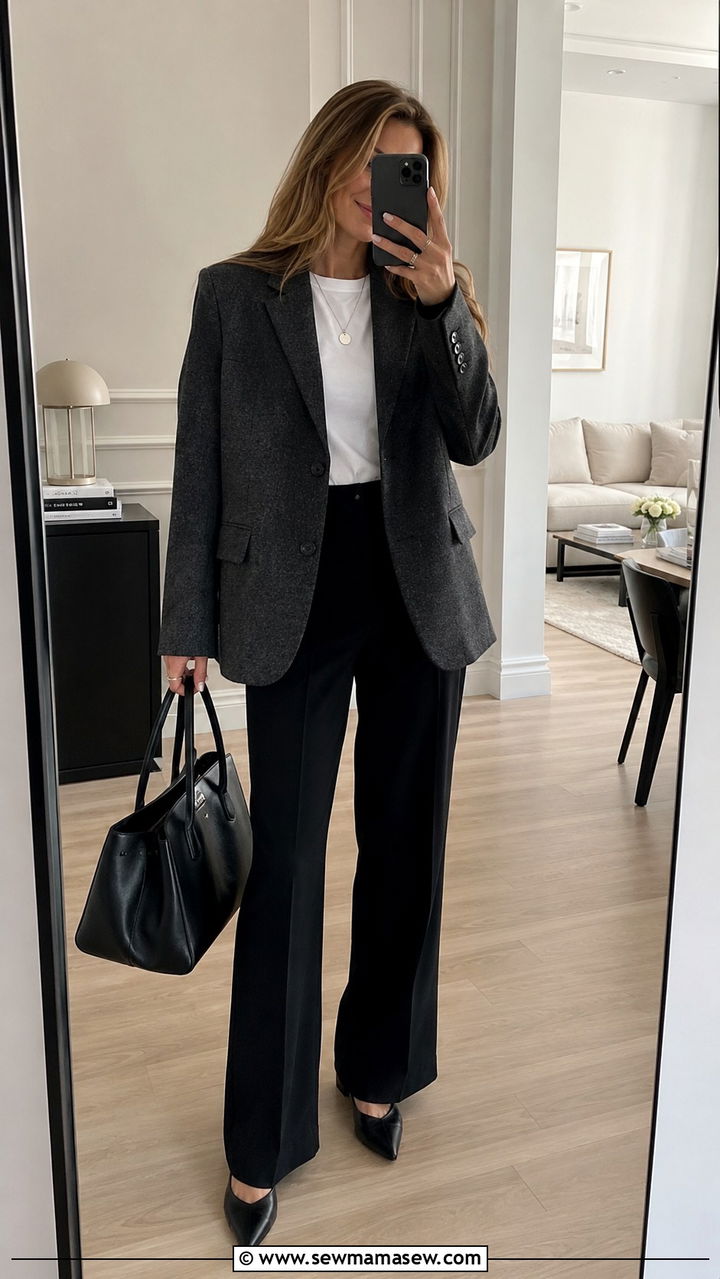 Tweed Blazer with White Tee and Black Tailored Trousers - 30 classy scandinavian outfit ideas
