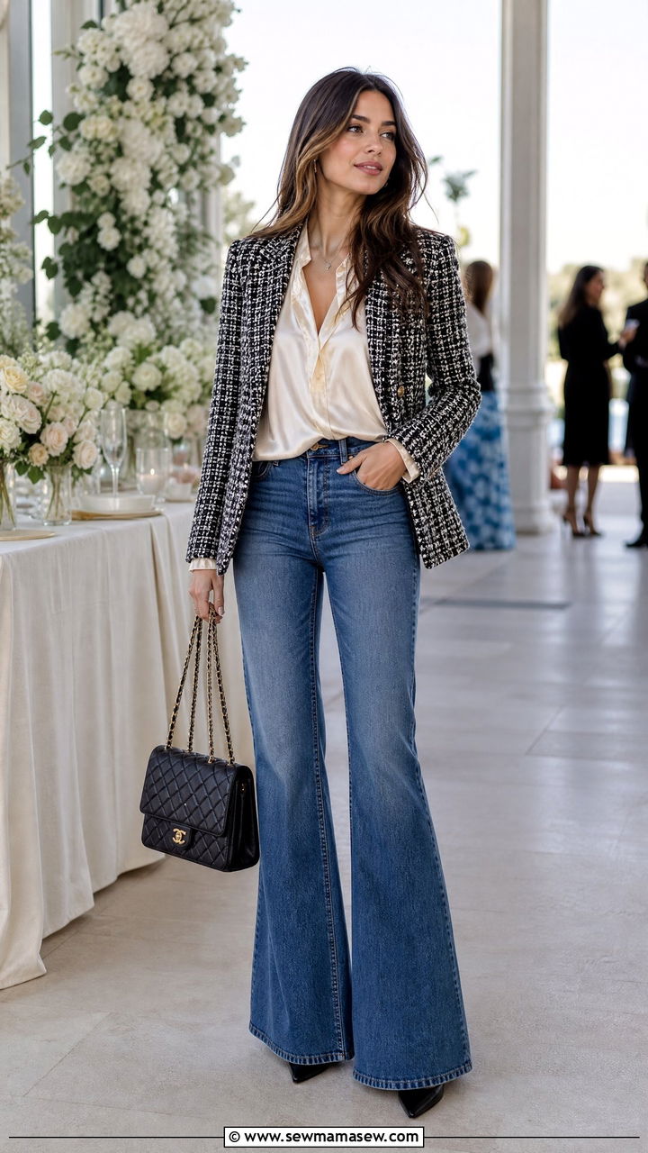 Tweed Blazer with a Silk Blouse and Flare Jeans - 30 Flare jeans outfit ideas with a blazer
