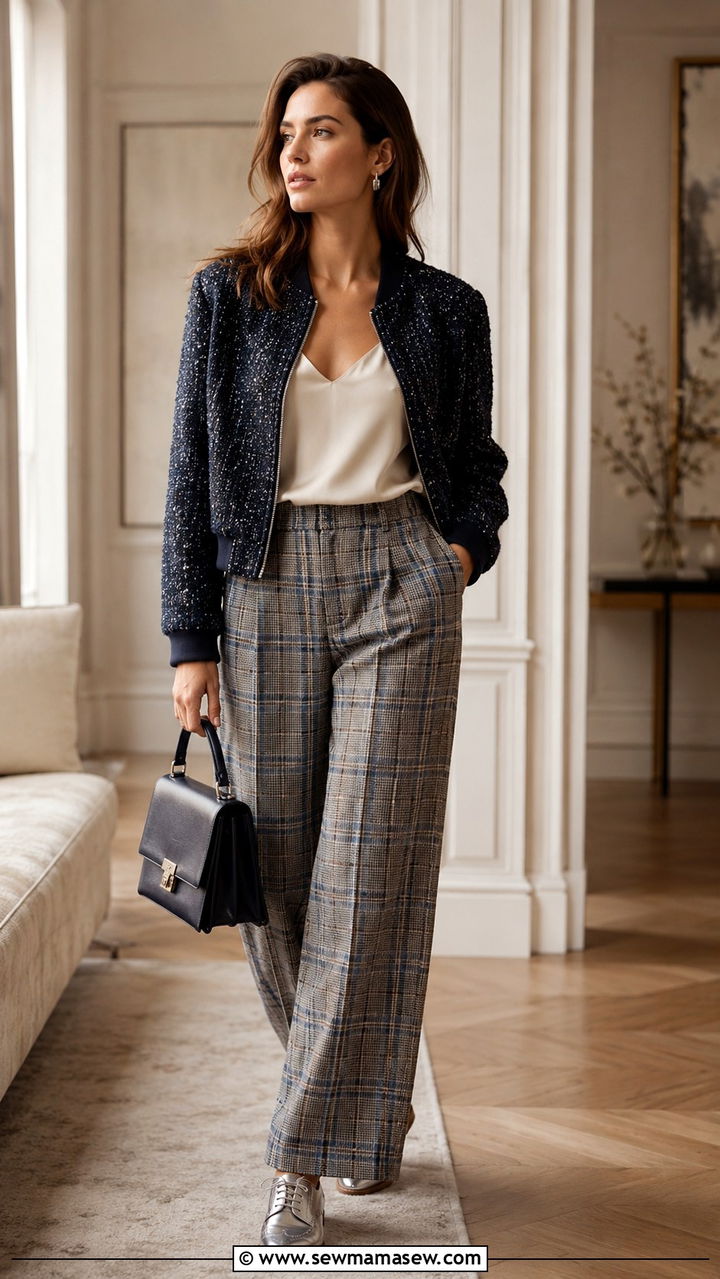 Tweed Bomber Jacket With Plaid Wide Leg Pants - 30 spring bomber jacket outfit ideas