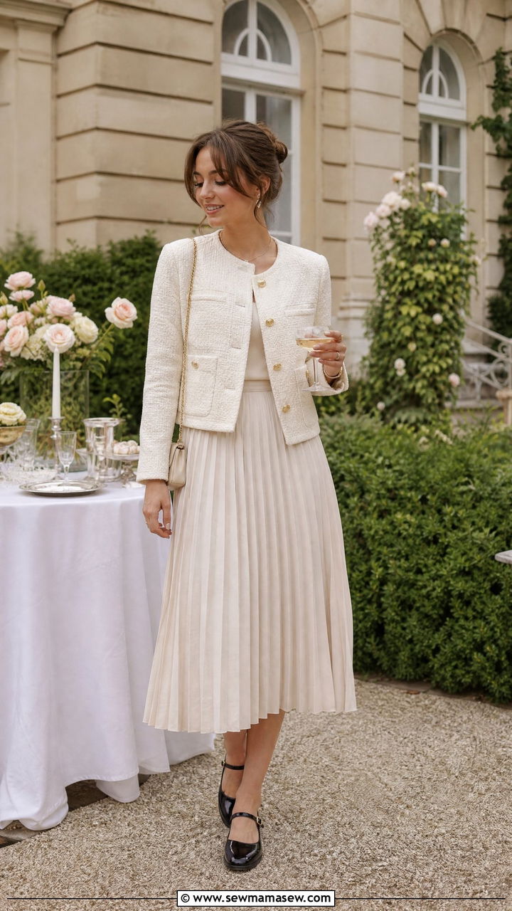 Tweed Cropped Jacket With a Pleated Skirt and Mary Janes - 30 French girl outfits 2026