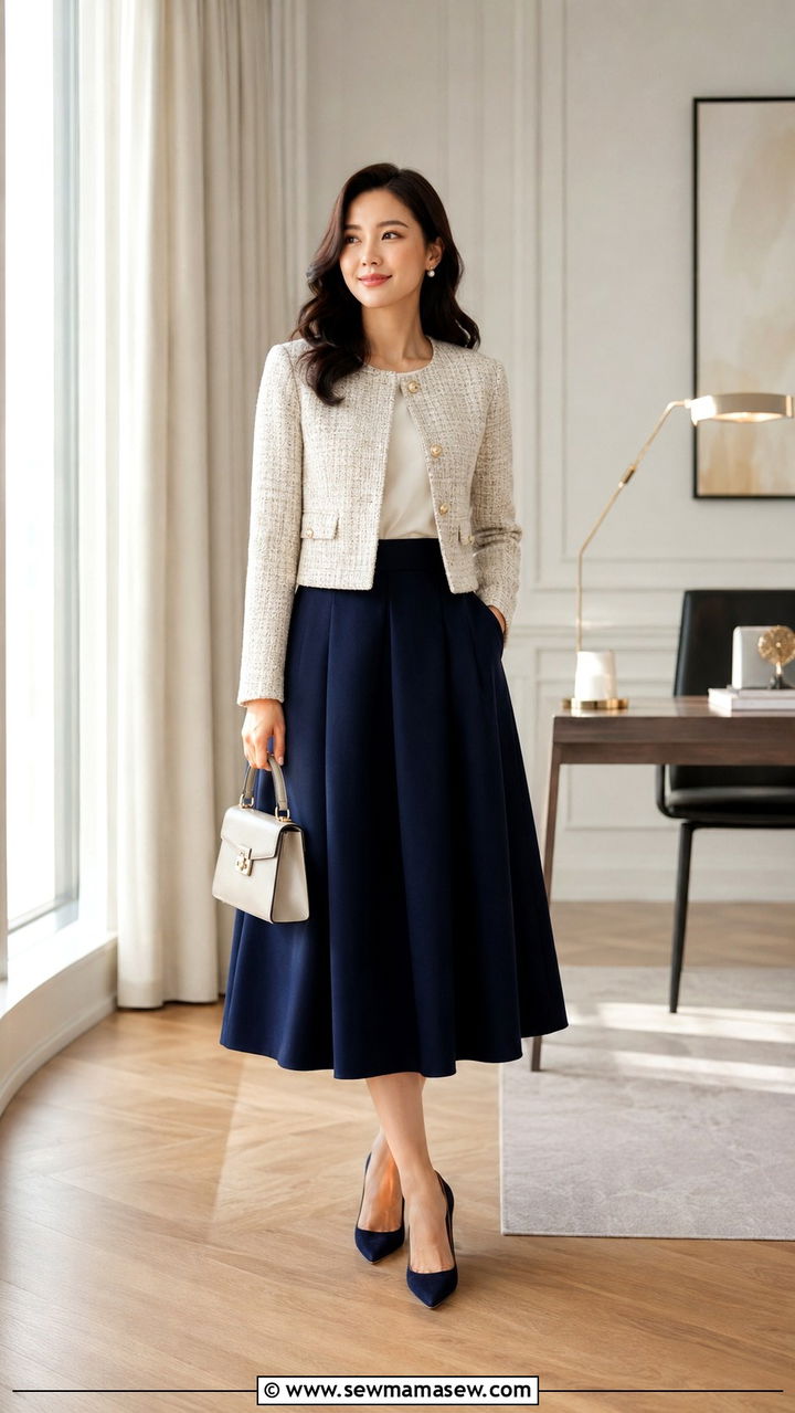 Tweed Cropped Jacket with Midi Skirt - 25 Outfit ideas for hourglass figure for work