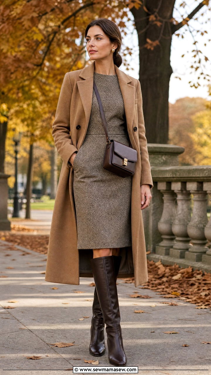 Tweed Dress with Knee High Leather Boots and Wool Coat - 30 old money outfits inspo