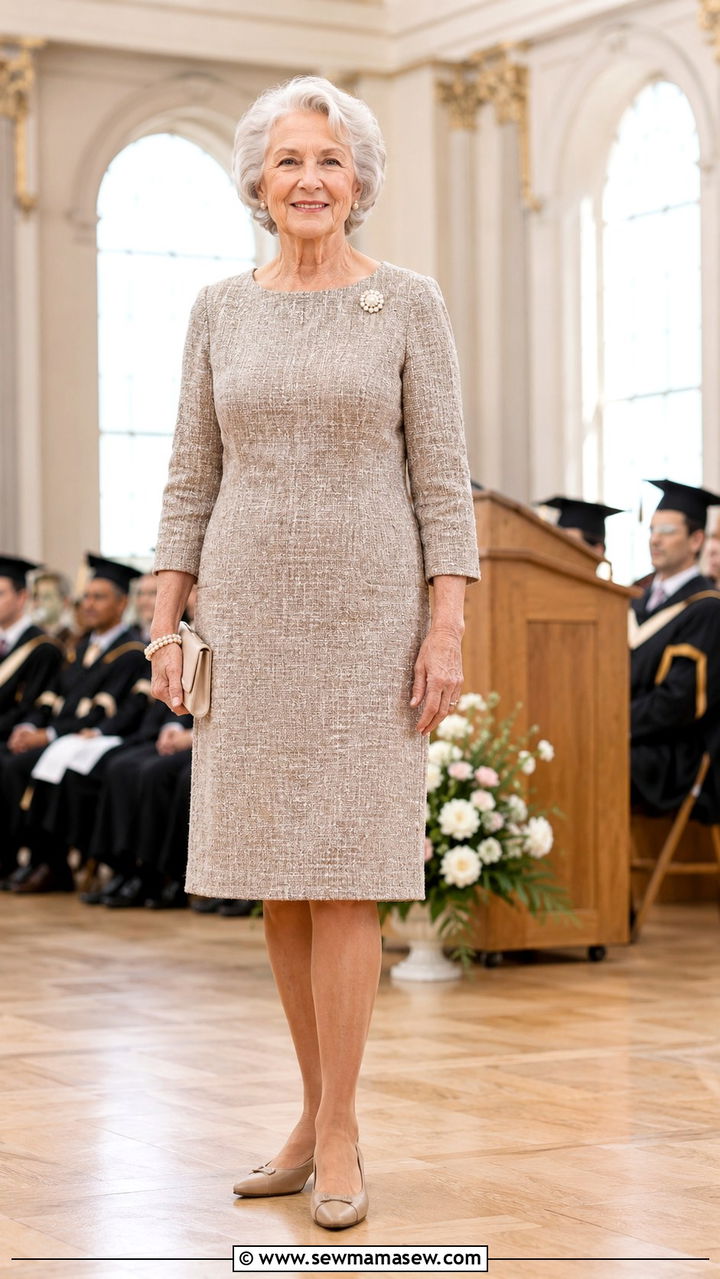 Tweed Dress with Low Block Heels - 30 Graduation outfits for women over 60