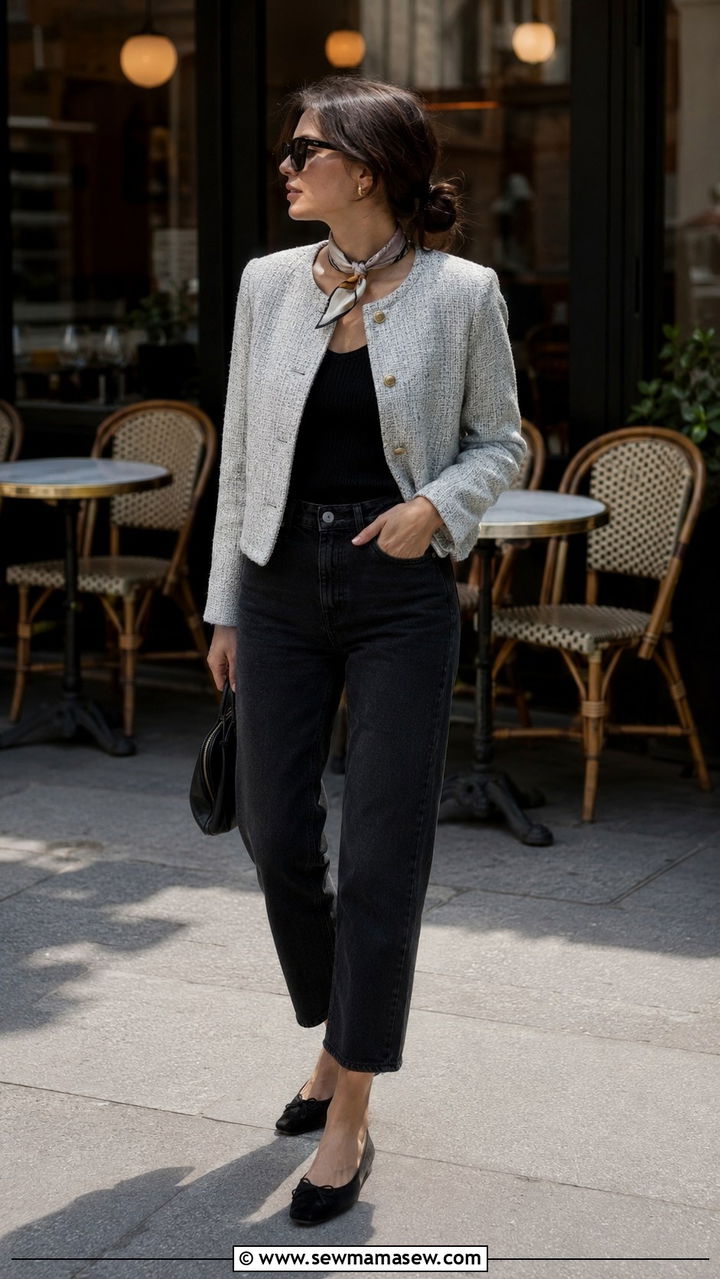 Tweed Jacket Outfit with a Silk Scarf and Cropped Jeans - 30 Quiet luxury spring outfits