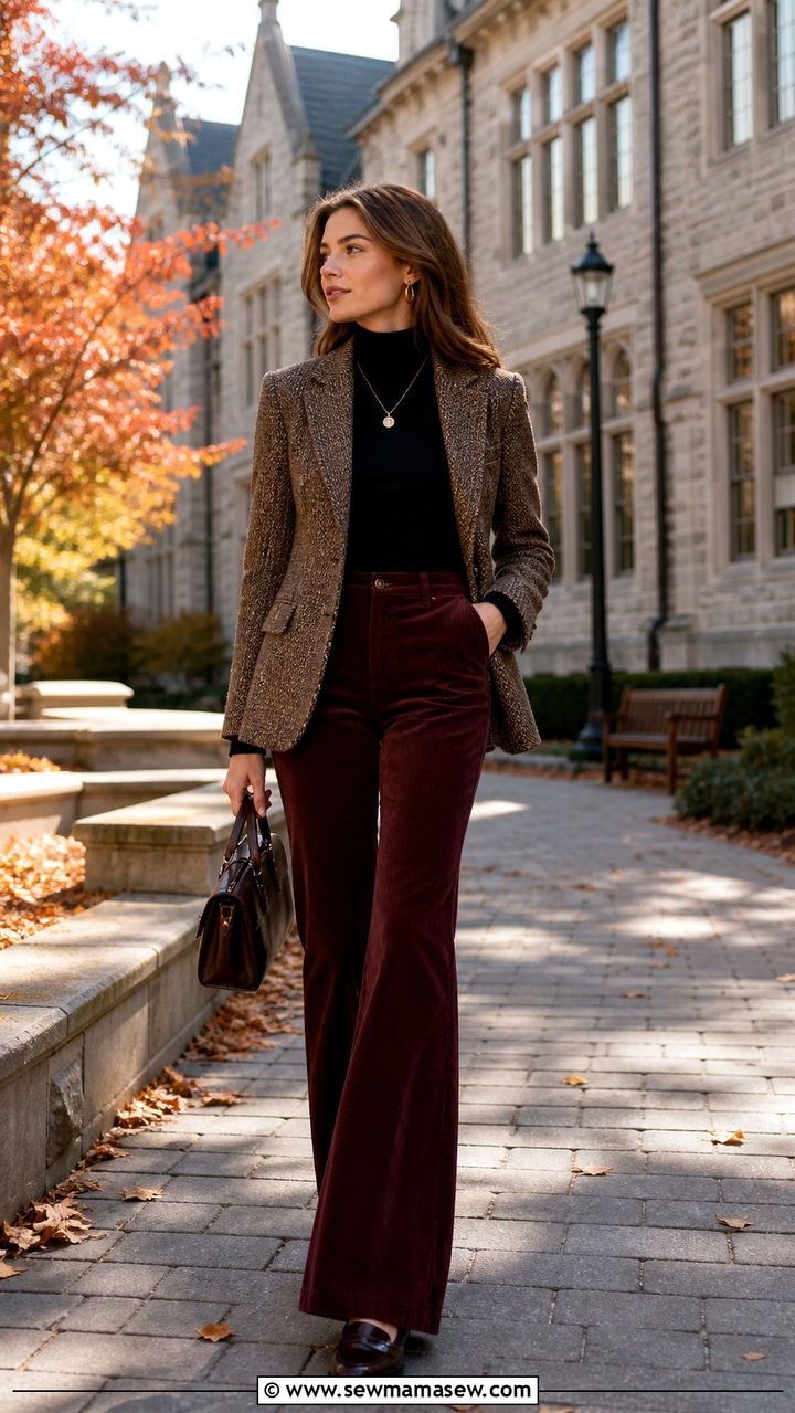 Tweed Jacket Over Turtleneck and Corduroy Flared Pants With Loafers - 40 summer to fall outfits