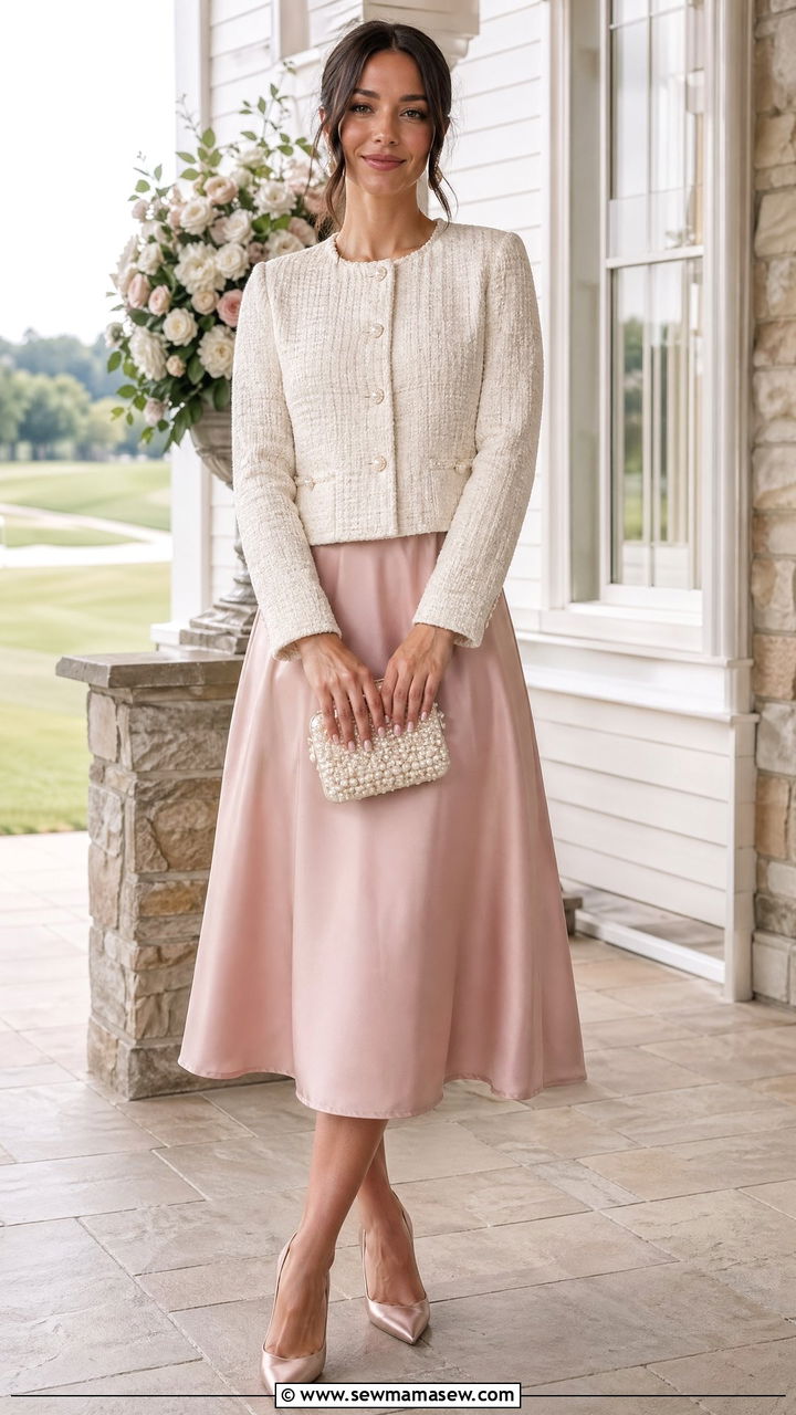 Tweed Jacket With A Line Satin Skirt And Pointed Toe Heels - 35 Dressy casual wedding guest outfit ideas