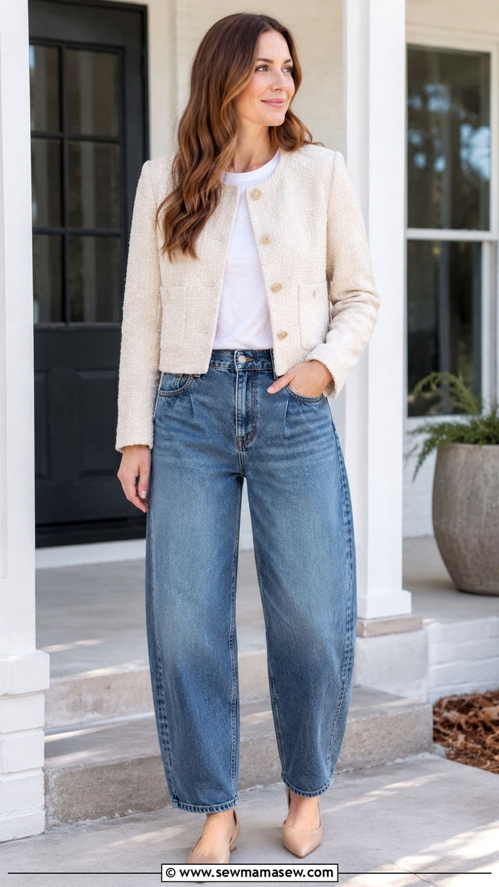 Tweed Jacket With Barrel Leg Jeans - 30 transitional teacher outfit ideas