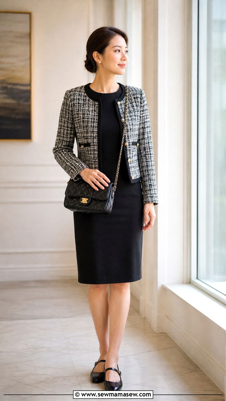 Tweed Jacket With Black Dress And Mary Jane Flats - 40 work outfits