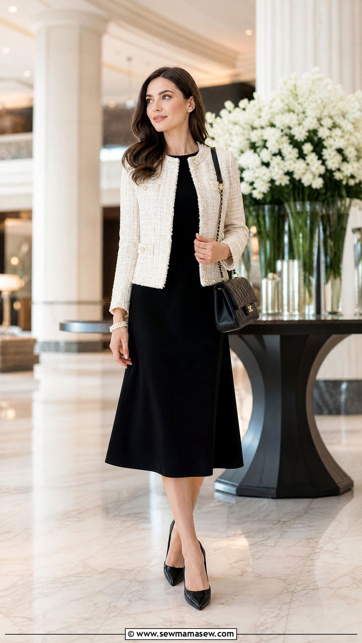 Tweed Jacket With Black Midi Dress And Pointed Pumps Outfit - 25 Personal shopper outfit ideas