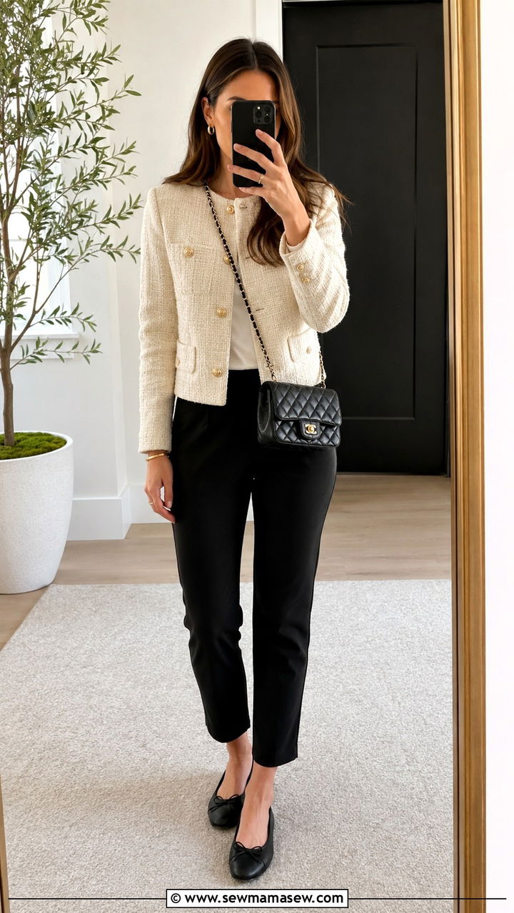 Tweed Jacket With Black Trousers And Ballet Flats - 30 classy outfits aesthetic