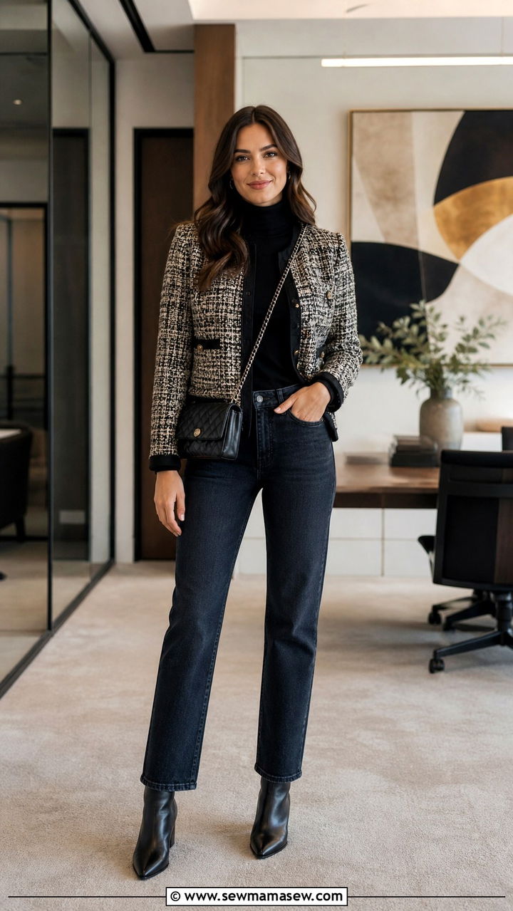 Tweed Jacket With Black Turtleneck and Straight Leg Jeans - 40 business casual outfits