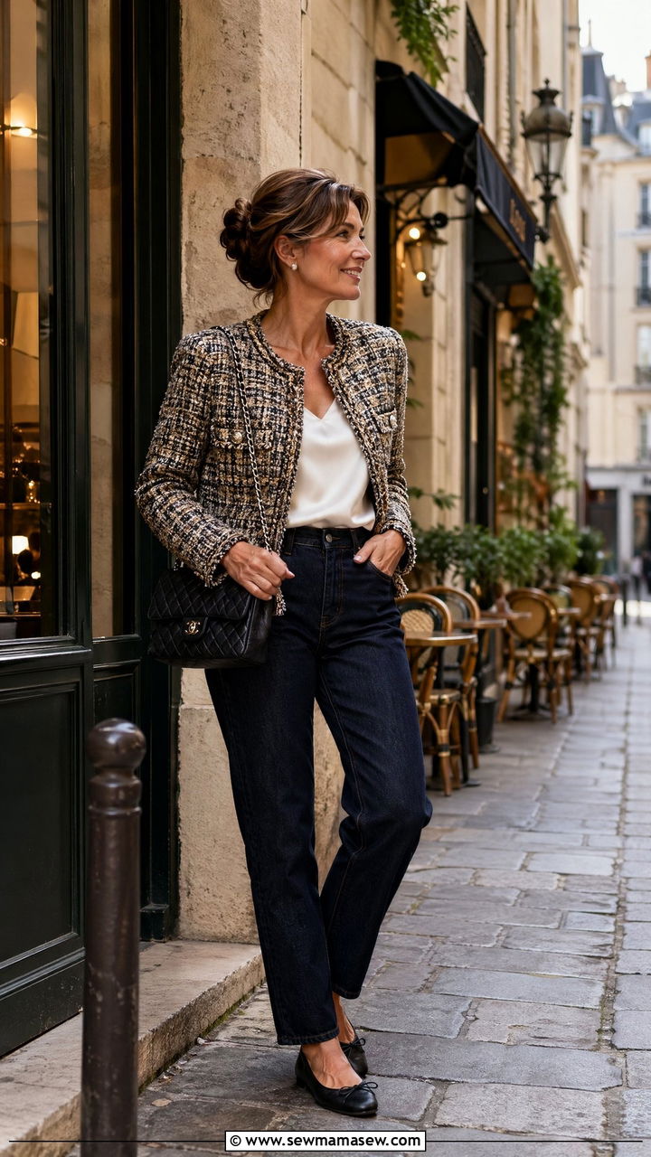Tweed Jacket With Dark Denim And Ballet Flats - 35 dinner outfits for women over 40