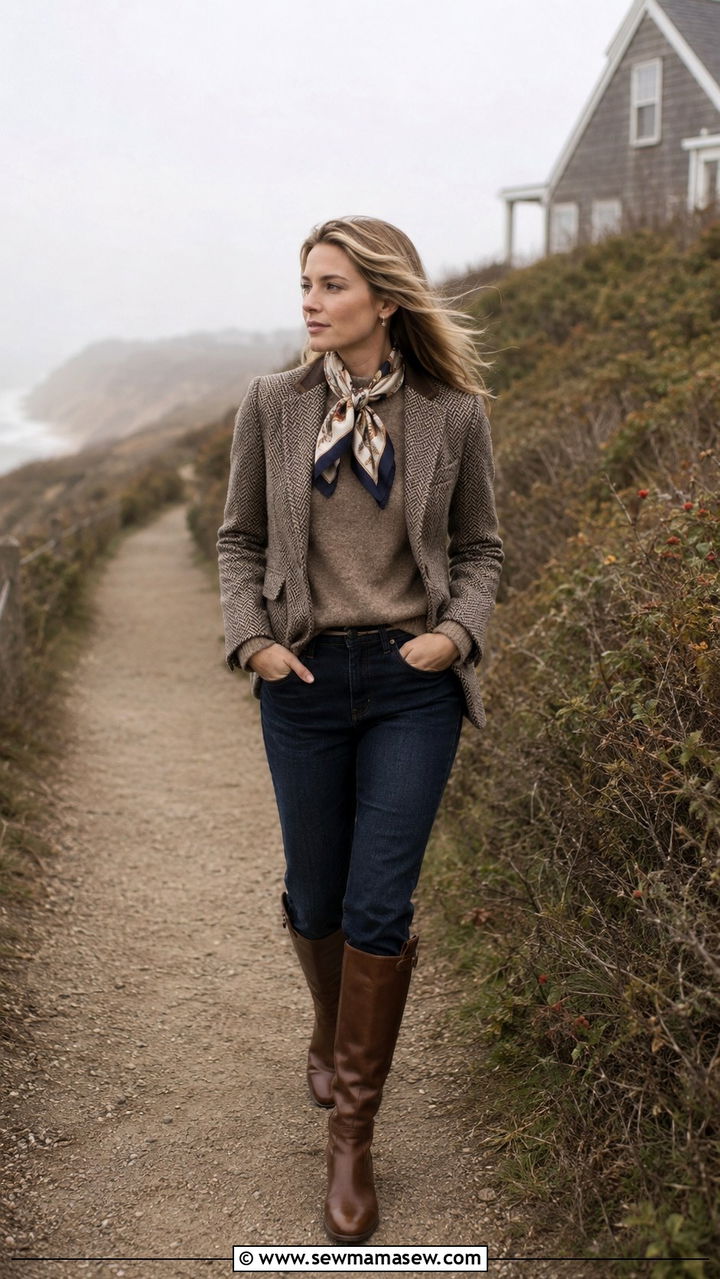 Tweed Jacket With Dark Denim And Riding Boots - 30 Old money outfit ideas for Nantucket