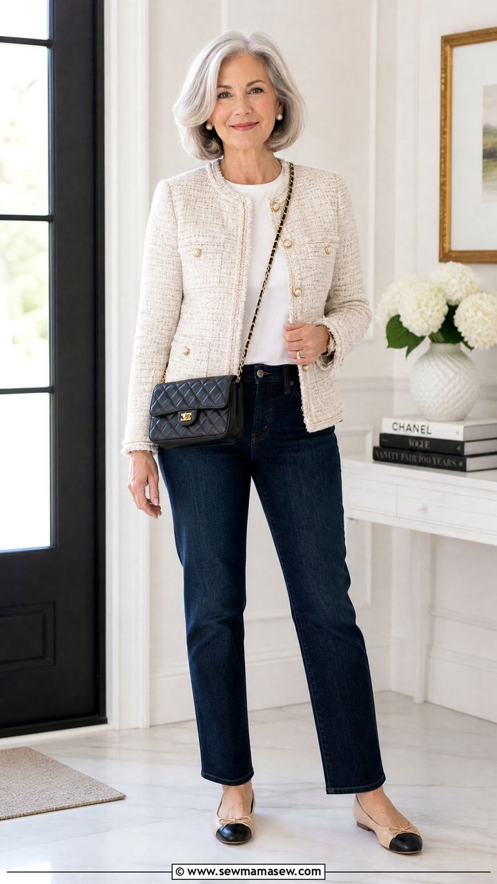 Tweed Jacket With Dark Denim - 30 Modest outfits for women over 50